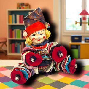 Vintage Yo-Yo Quilt Clown Doll Handmade Bells & Hat Folk Art Creepy Halloween
